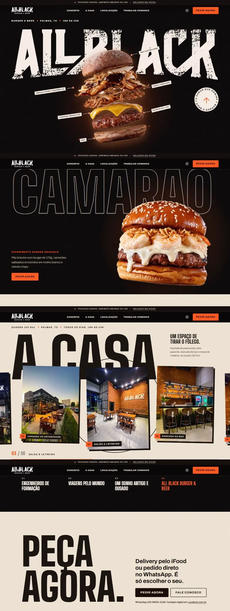 Landing page da hamburgueria All Black Burger & Beer, com o hambúrguer montado sob o letreiro da marca