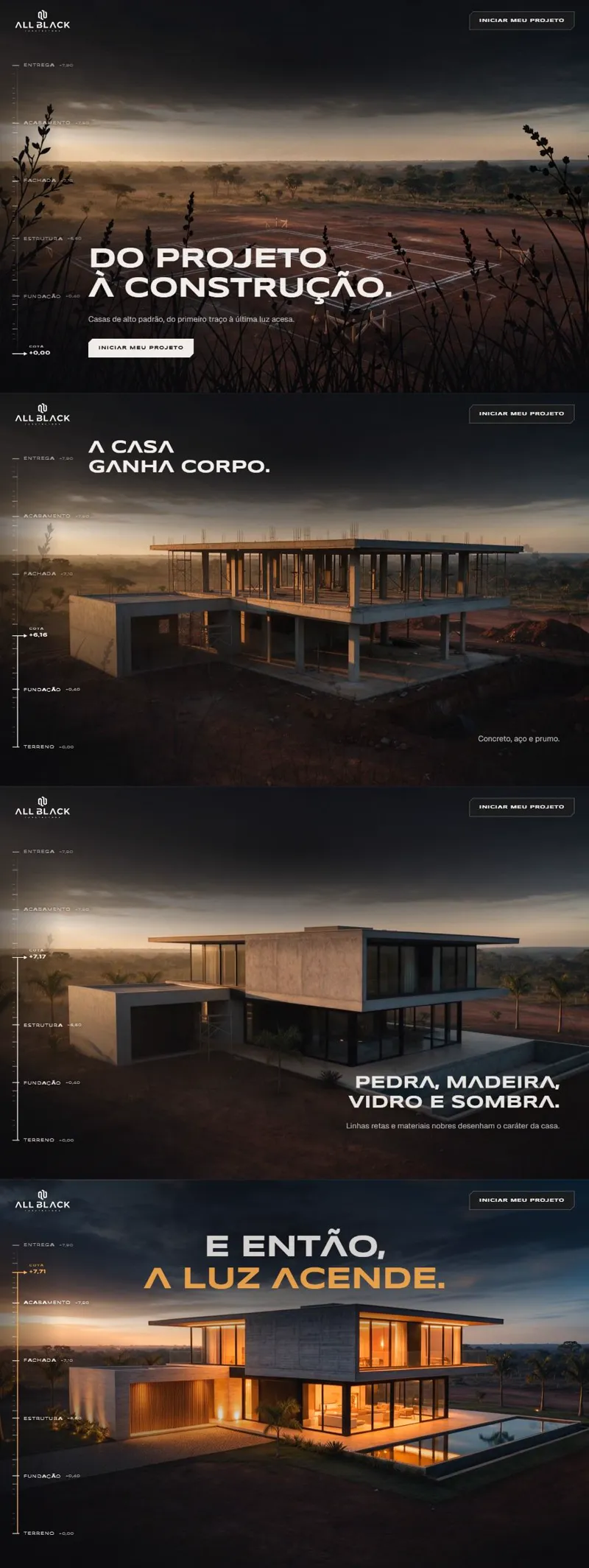 Landing page da ALL BLACK Construtora, que acompanha a obra de uma casa enquanto a página rola