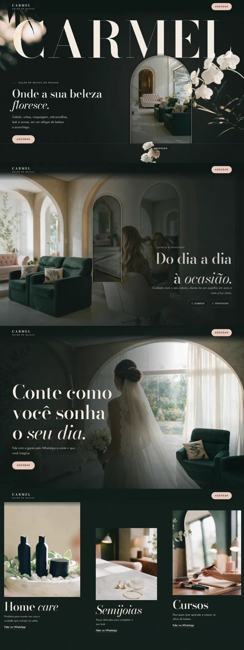 Landing page do Carmel Salão de Beleza, em verde profundo e serifa elegante