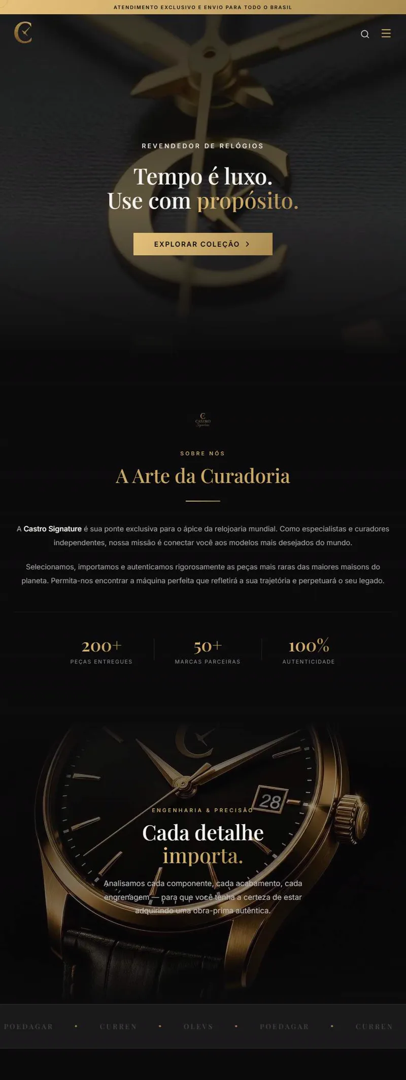 Landing page da relojoaria Castro Signature, em preto e dourado
