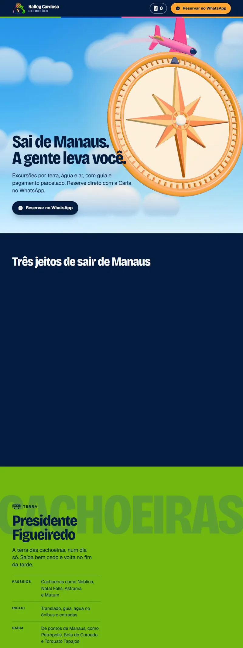 Landing page de excursões da Halley Cardoso, colorida e direta