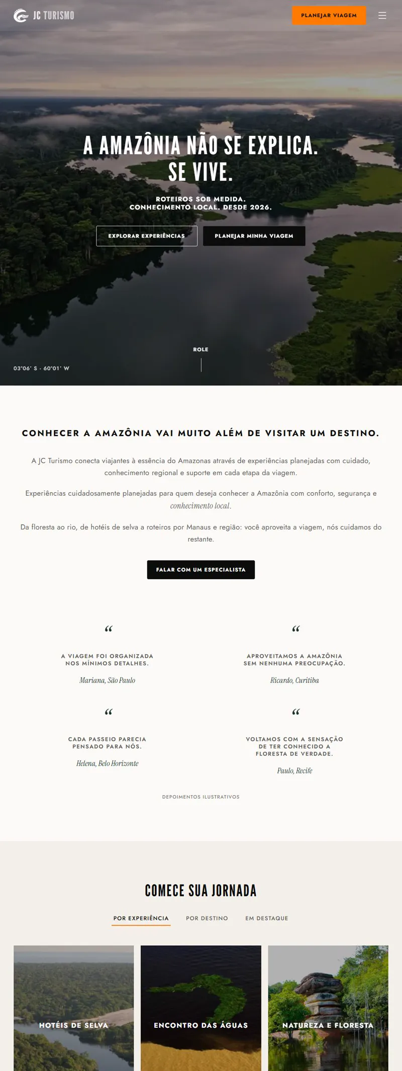 Landing page da JC Turismo, com foto aérea do rio e da floresta amazônica