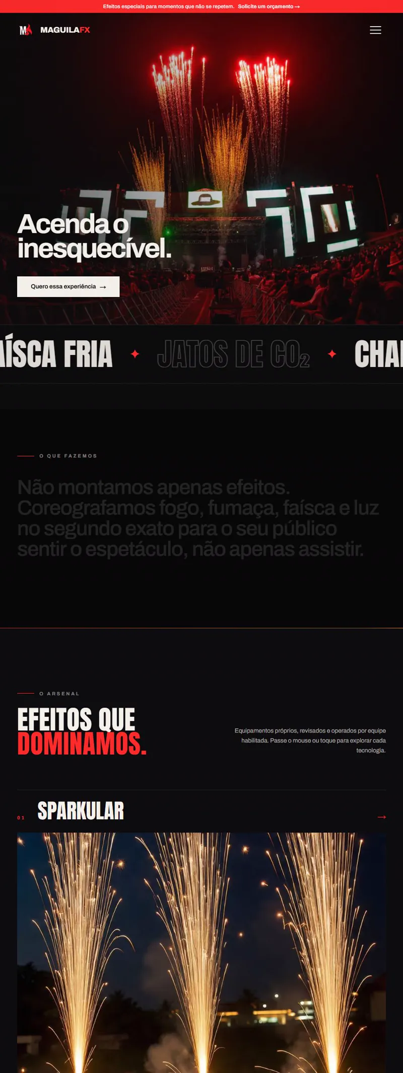 Landing page da MaguilaFX, empresa de pirotecnia e efeitos especiais para eventos