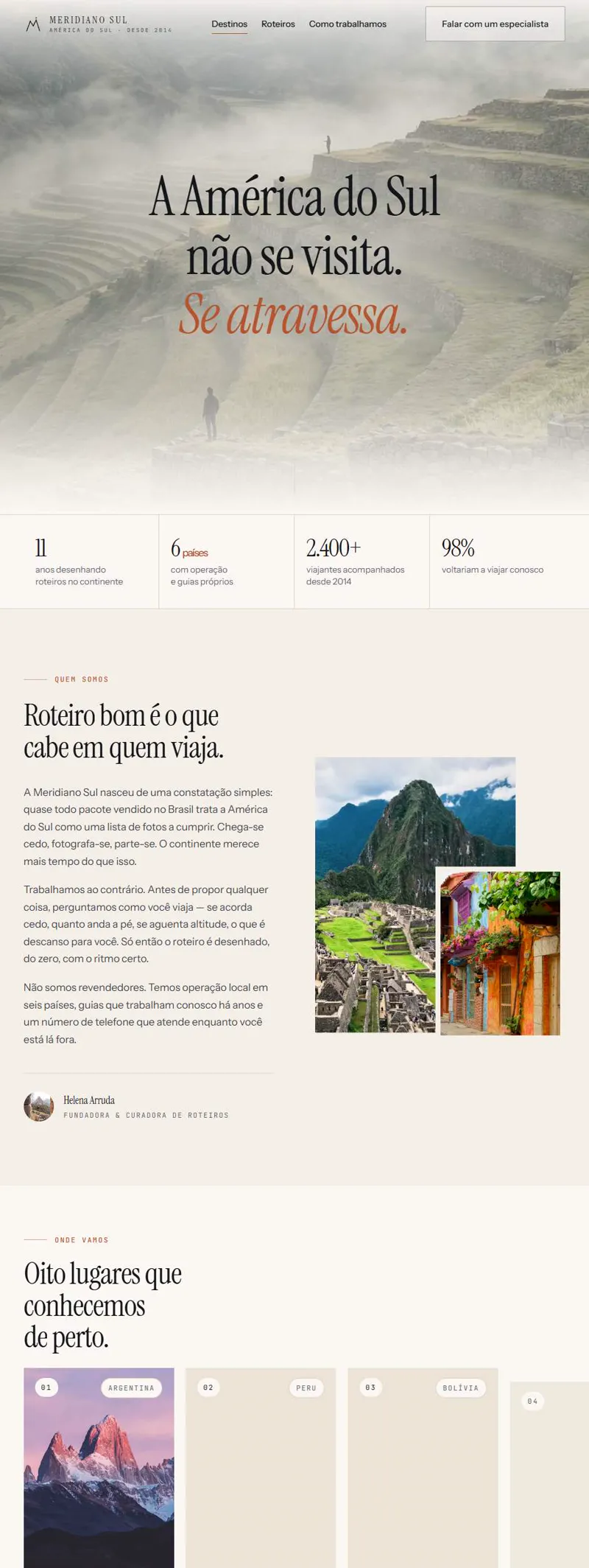 Landing page da agência de viagens Meridiano Sul, com montanhas na névoa e título em serifa